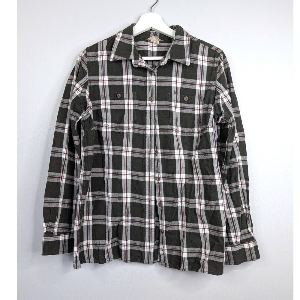 Duluth Trading Co Flannel Shirt Womens M Gray Plaid Excellent Long Sleeve Cotton